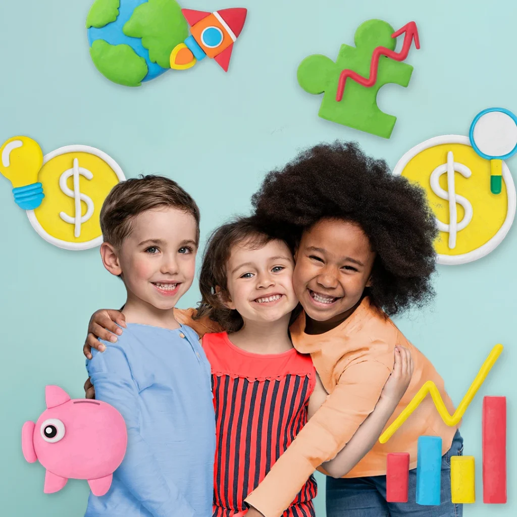 Três crianças sorrindo cercadas por símbolos de educação financeira como cofrinhos e moedas de cifrões