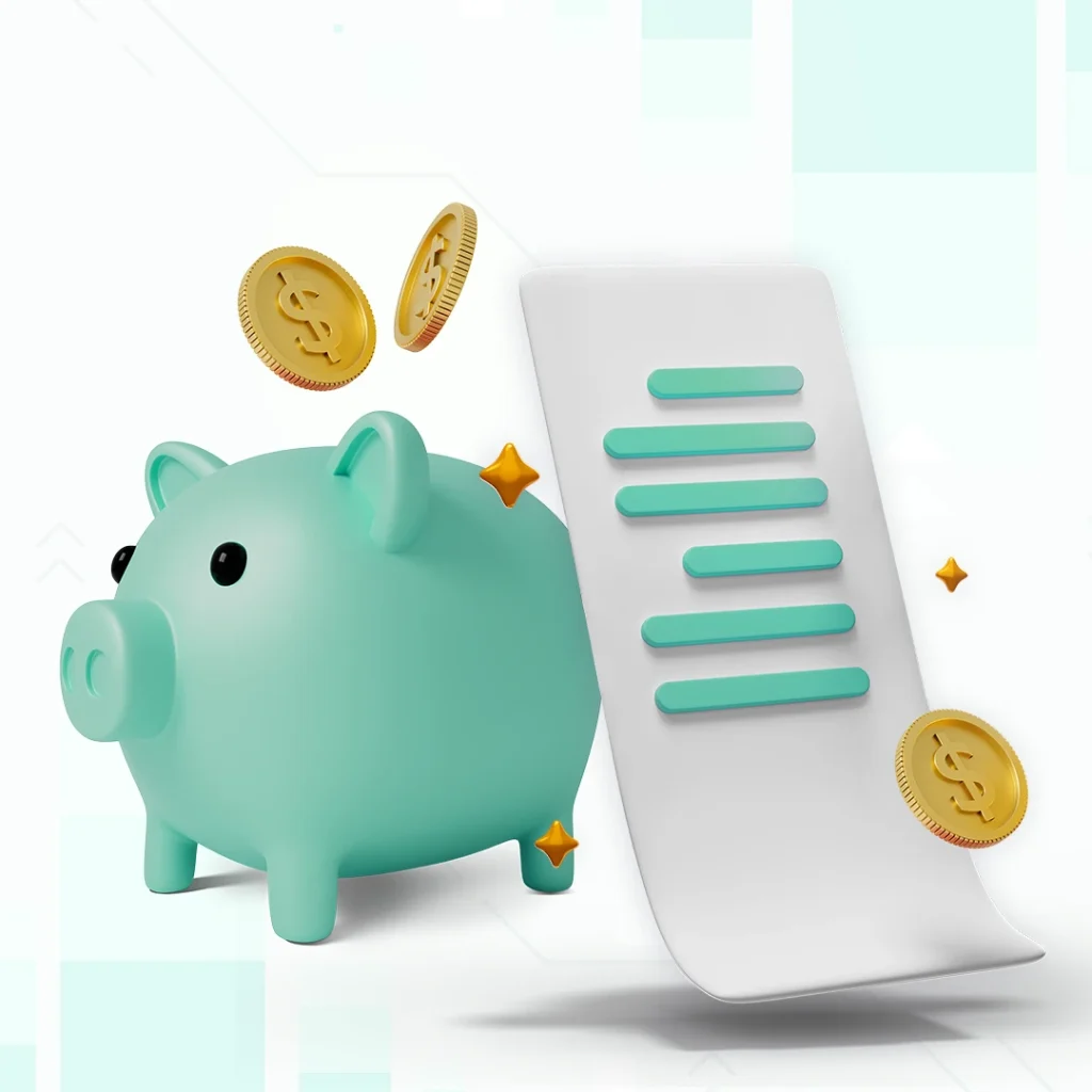 Cofrinho verde com moedas douradas e extrato financeiro ilustrando economia e controle das finanças pessoais.