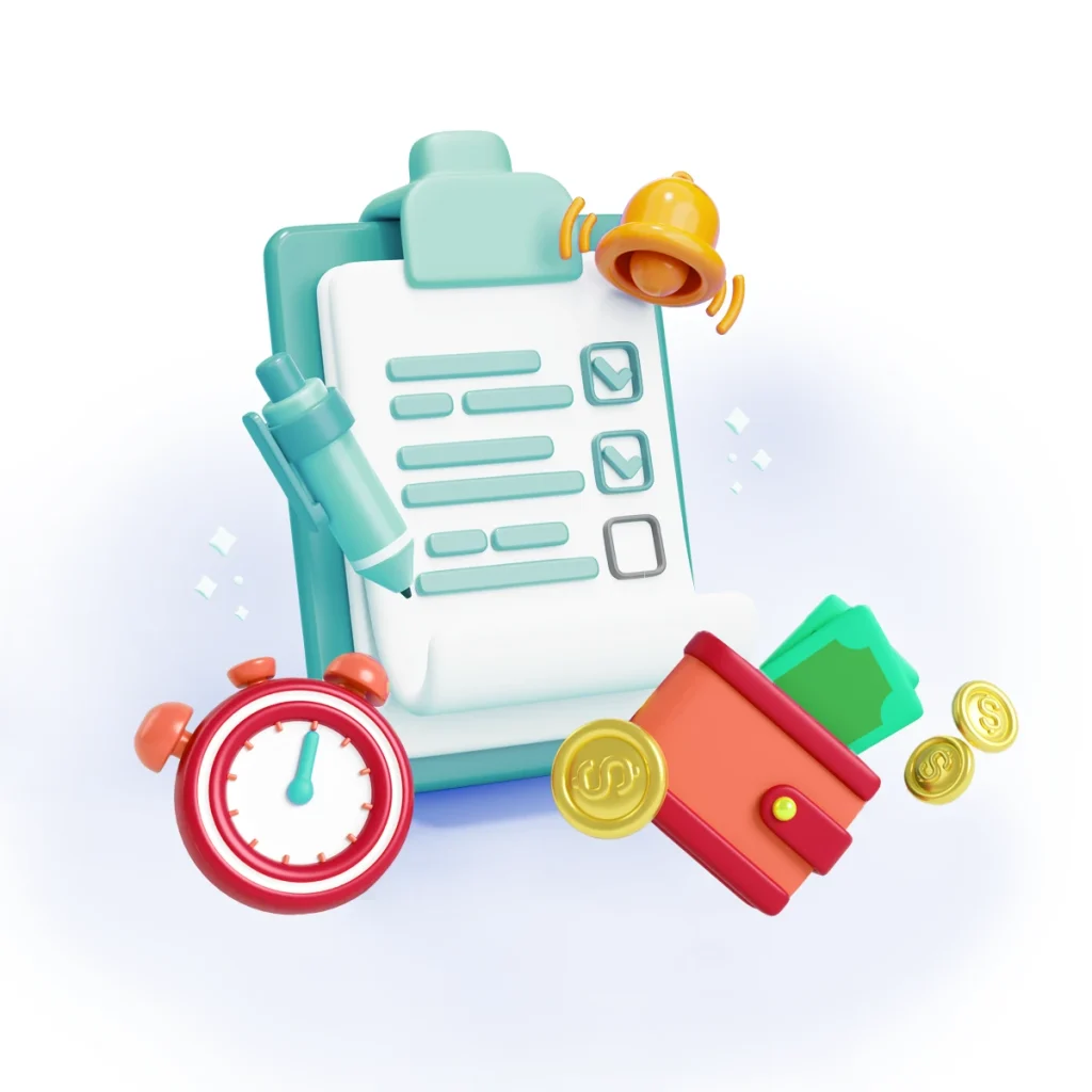 Ilustração 3D colorida de checklist com caneta, relógio, megafone, carteira com moedas representando planejamento financeiro e organização