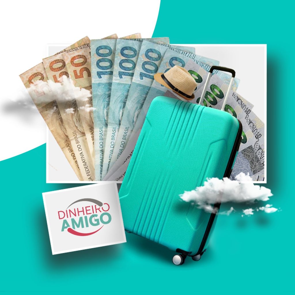 Empréstimo planejado como orçamento das férias, com mala de viagem e dinheiro simbolizando controle financeiro.