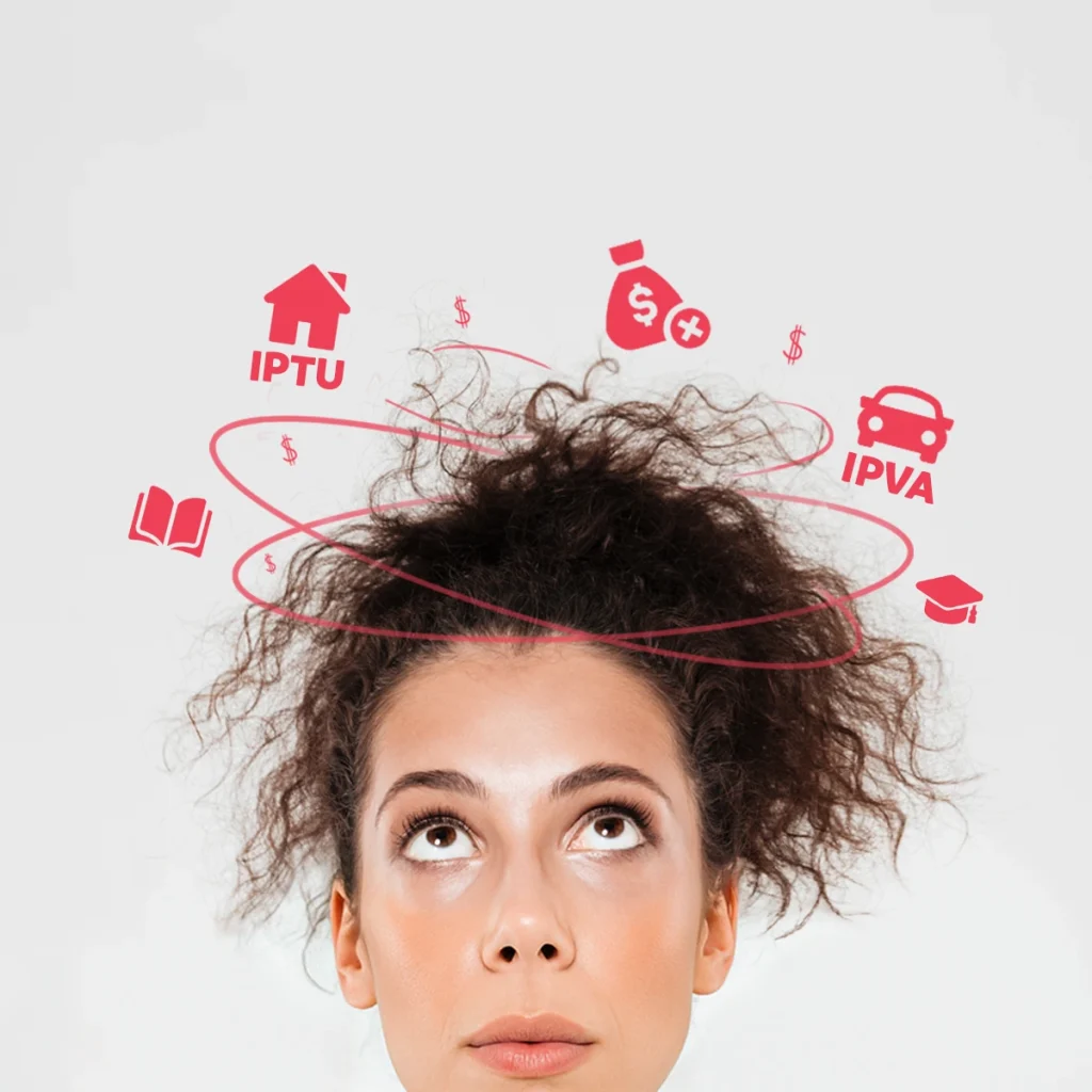 Mulher preocupada olhando para cima com símbolos de dinheiro girando sobre a cabeça representando ansiedade financeira e dívidas pós-férias