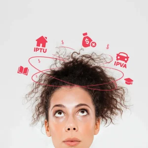 Mulher preocupada olhando para cima com símbolos de dinheiro girando sobre a cabeça representando ansiedade financeira e dívidas pós-férias