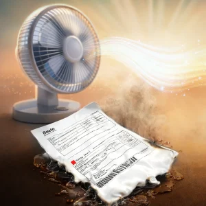 Ventilador ligado ao lado de boleto derretendo representando o aumento dos gastos no calor do verão