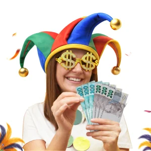 Mulher com chapéu de carnaval e óculos de cifrão segurando dinheiro representando planejamento financeiro para o carnaval