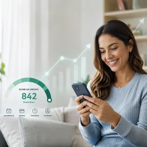 Pessoa sorrindo conferindo o celular em casa, com elementos gráficos sutis de gráfico ascendente ao fundo, transmitindo evolução e controle financeiro.
